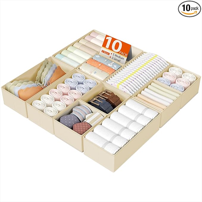 DIMJ Drawer Organizers Clothes, Set of 10 Dresser Organizer Bins, Fabric Closet Organizers and Storage, Shallow Drawer Divide
