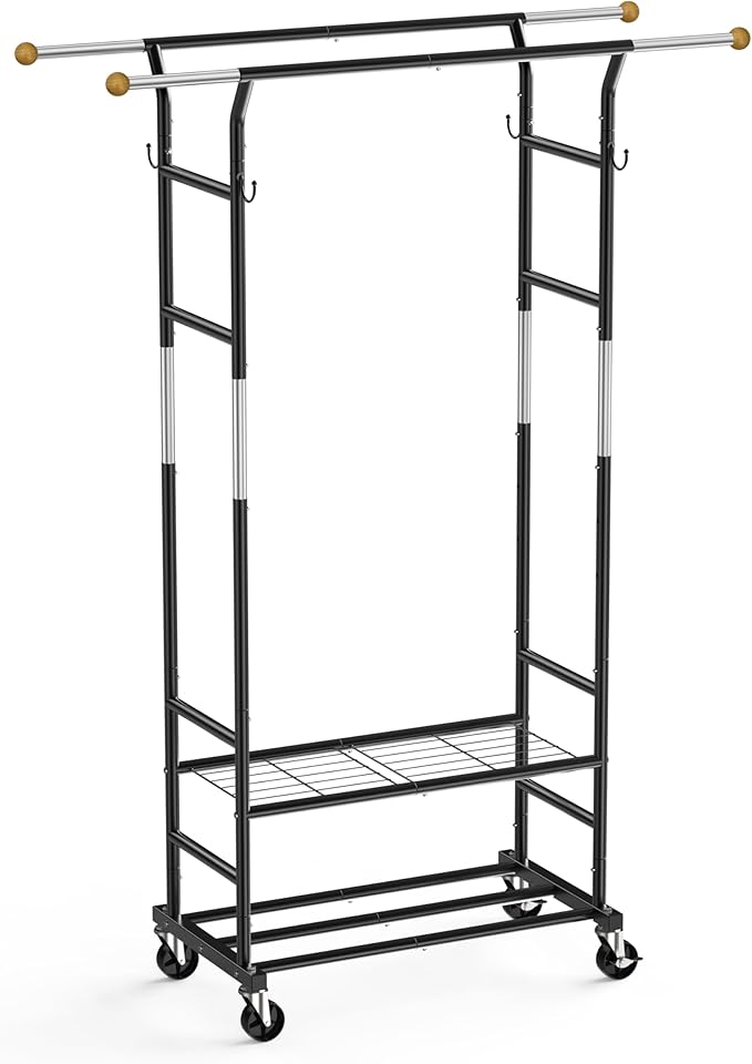 Clothes Rack with 3-Level Height Adjustment - Double Rod Extendable Hanging Rails with Wooden Finials, Luxury 2-Tier Metal St