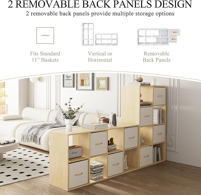 EXPERLAM 8 Cube Storage Organizer - Solid Wood Bookshelf with 4 Storage Bins, Cube Shelf with 2 Removable Back Panels, Vertic