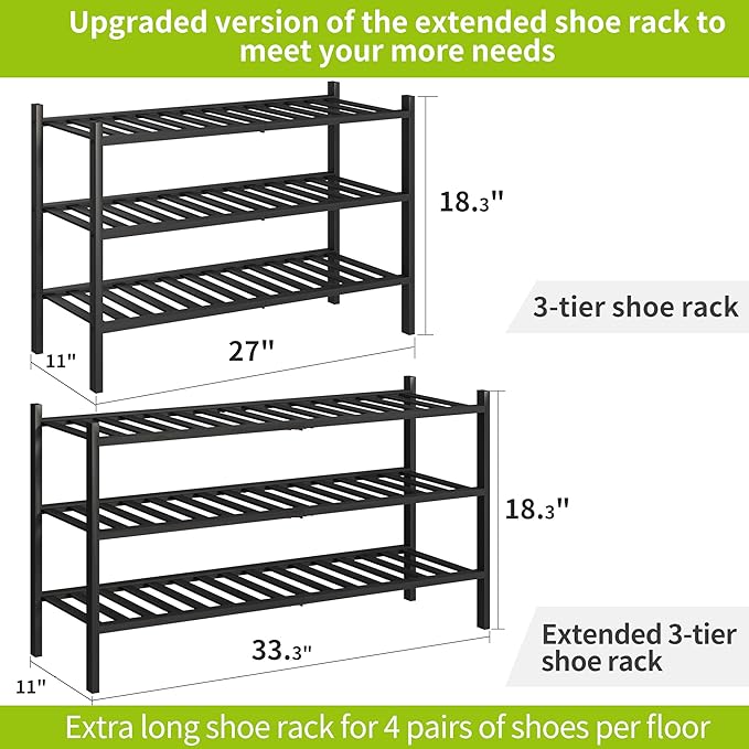 BMOSU 3-Tier Bamboo Extended Shoe Rack Premium Stackable Shoe Shelf Storage Organizer for Hallway Closet Living Room Entryway
