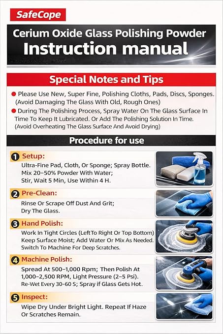 1Lb (453g) 99% Cerium Oxide Glass Polishing Powder (7-9 Um) – Removes: Oil Films, Water Spots, Swirl Marks, Wiper Streaks, Removes Fine Scratches & Deep-Cleans Glass Surfaces.