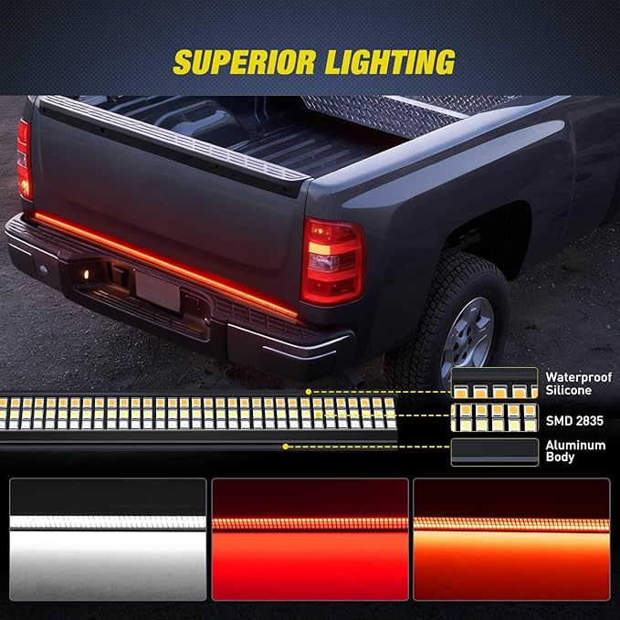 Nilight Truck Tailgate Light Strip 48" Aluminum Frame Triple Row 780 LED Bar with Red Running Brake Sequential Turn Signals Strobe Lighting White Reverse