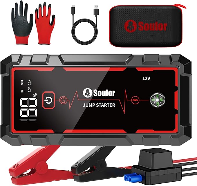 Jump Starter, Battery Jumper Starter Portable, Car Battery Jump Starter with 3 Modes Flashlight, Compass, Power Bank and