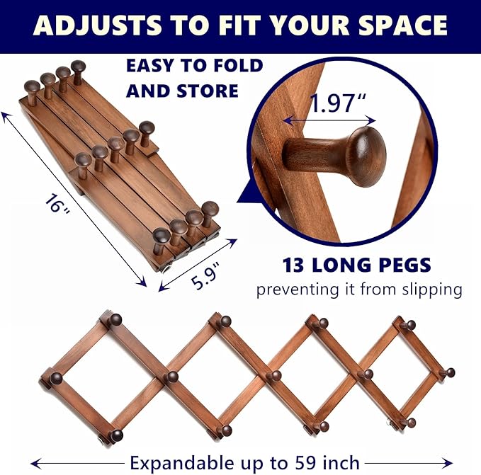 Amber Home Wood Accordion Wall Rack 13 Hooks (Pegs), Expandable Wall Mounted Hanger for Coat, Hat, Scarf, Coffee Mugs, X Shap