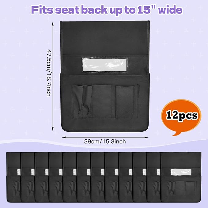 Chair Pockets for Classroom 12 Pack 15 x 19 Inch Chairback Buddy Pocket Chart Seat Back Organizer Student Storage with Lable Slot for Classroom Kindergarten School Home (Black)