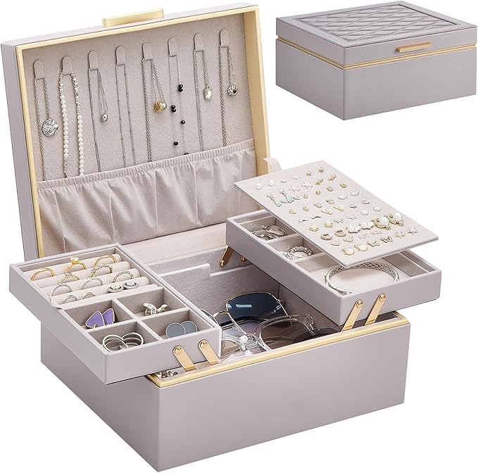 Lolalet Jewelry Box Organizer for Women Girls, 2 Layer Jewelry Organizers and Storage for Necklace Earrings Rings Bracelets, 