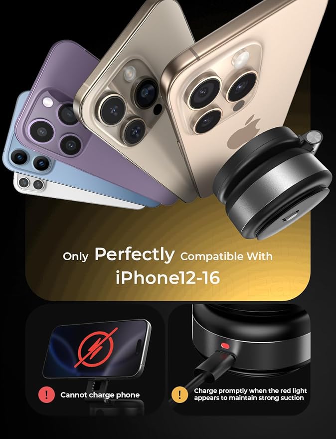LISEN Electric Suction Cup Phone Mount, Vacuum Electric Suction Cup Phone Mount, for MagSafe Magnetic Suction Mount for iPhone 16/15/14/13/12,Black Kits
