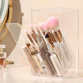 Acrylic Makeup Brush Holder with Slanted Flip-Top Lid - Clear Dustproof Cosmetic Make up Brush Organizer and Storage Box - La