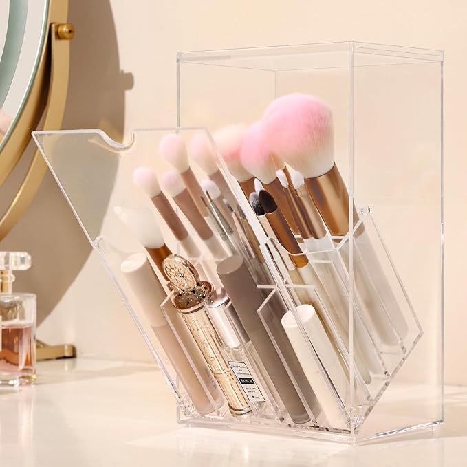 Acrylic Makeup Brush Holder with Slanted Flip-Top Lid - Clear Dustproof Cosmetic Make up Brush Organizer and Storage Box - La
