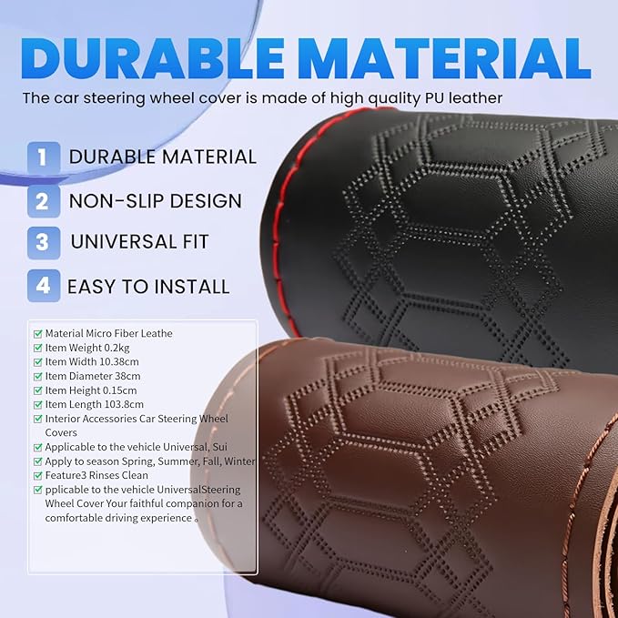 DEEYOTA Car Steering Wheel Cover Universal Fit Round Stitch Steering Wheel Wrap Thin PU Leather Steering Wheel Cover Sewn on 
