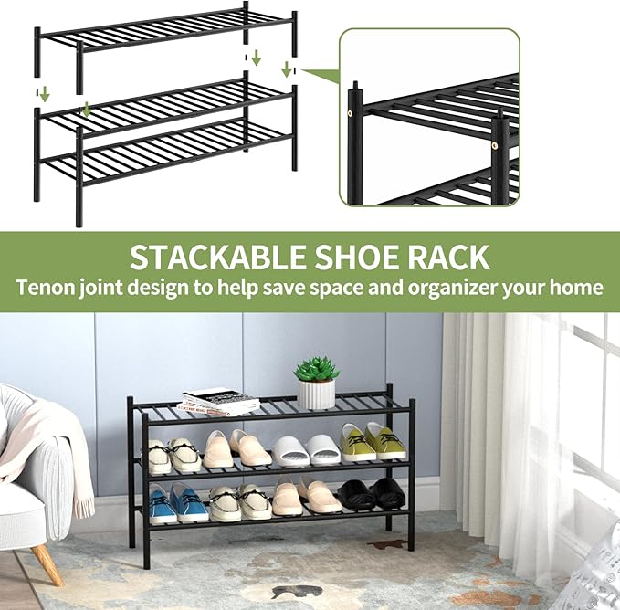 ROMGUAR CRAFT 3-Tier Bamboo Long Shoe Rack, Free Standing Wood Shoe Shelf Storage Organizer for Closet Entryway Stackable 35"