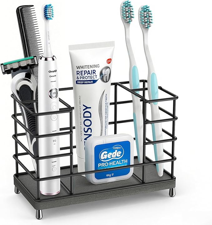 Toothbrush Holder with Quick Drying Mat—Toothbrush and Toothpaste Holders for Bathrooms—5 Slots Openwork Design Black Toothbr