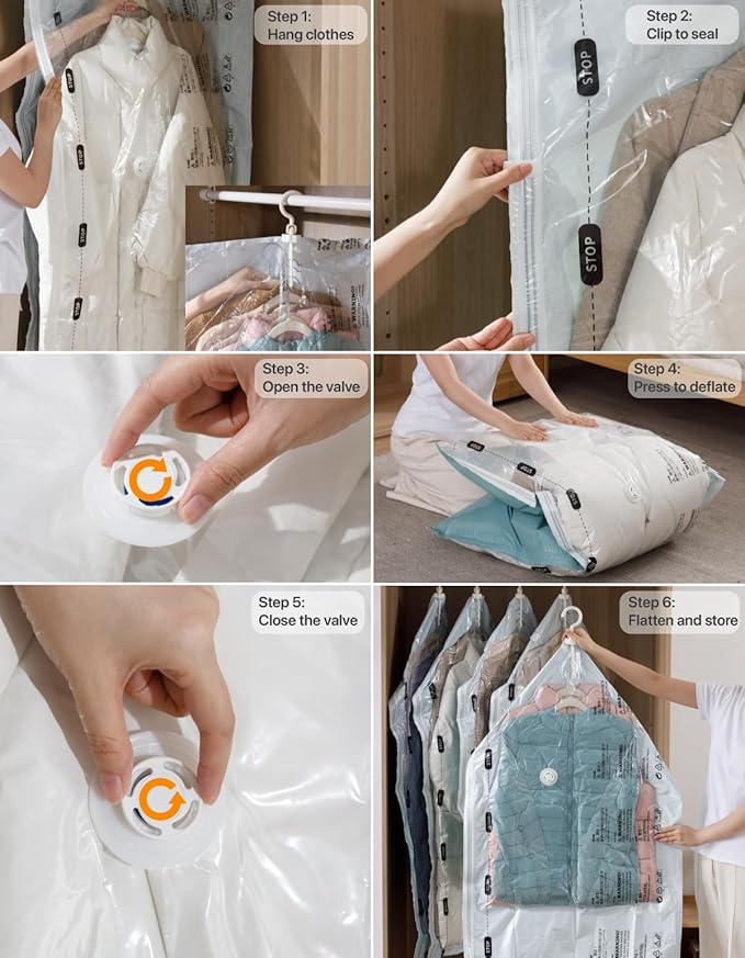 Vacuum Storage Bags for Clothing - NeatNest 6 Pack Space Saver Garment Bags with Hangers, 3 Medium + 3 Large, Vacuum or Hand 