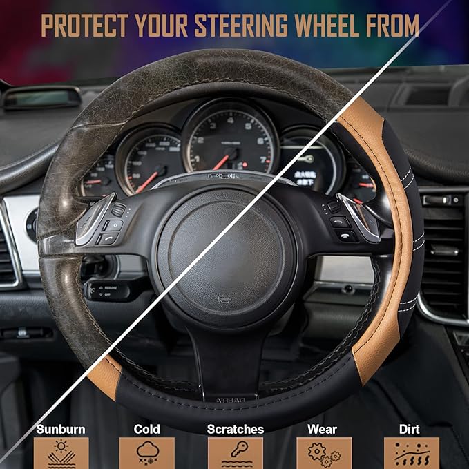 CAR PASS Line Rider Microfiber Leather Sporty 14.5-15 inch Steering Wheel Cover Universal Fits for 95% Truck,SUV,Cars, Anti-S