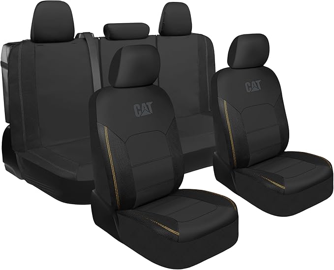 CAT PU Leather Car Seat Covers Full Set – Front Bucket Seats + 60/40 Split Rear Bench – Black Waterproof Automotive Seat Cove