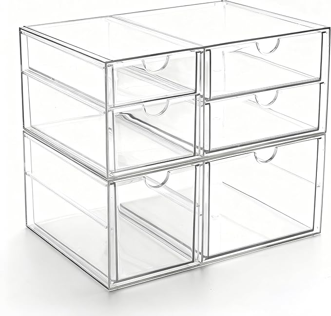 Prsildan Acrylic Drawer Makeup Organizer with 6 Drawers (Not for Baby Bottle), Set of 2 Office Desk Organizers Accessories, C
