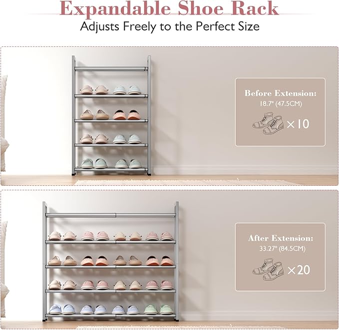 Bumusty 5-Tier Expandable Shoe Rack for Closet, 18“-33” Adjustable Shoe Rack for Small Space, Small Shoe Organizer for Front 