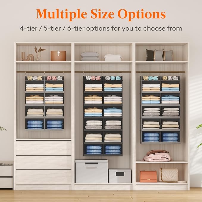 Lifewit Dual-Row Shelf Hanging Closet Organizer and Storage, Clothes Shelves with 3 Sturdy Hooks for Clothing Organization, F