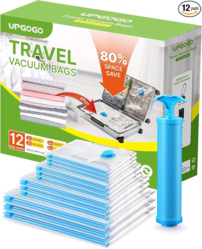 UPGOGO Vacuum Bags for Travel, 12 Pack with Hand Pump, Space Saver Vacuum Storage Bags, Travel Essentials, Clothes, Blankets,