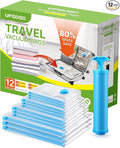 UPGOGO Vacuum Bags for Travel, 12 Pack with Hand Pump, Space Saver Vacuum Storage Bags, Travel Essentials, Clothes, Blankets,