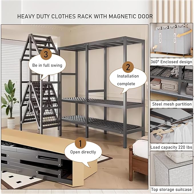 Foldable Portable Wardrobe On Wheels, Freestanding Garment Rack, with Magnetic Door 2000lbs, Heavy Duty Clothes Rack, for Bed