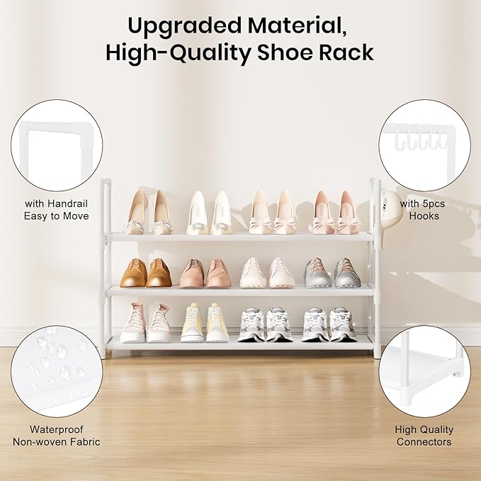 VILICK Shoe Rack for Closet Shoe Organizer Space Saver Storage for 12-15 Pair Shoe Shelf with Hook Free Standing 3 Tier Shoe 