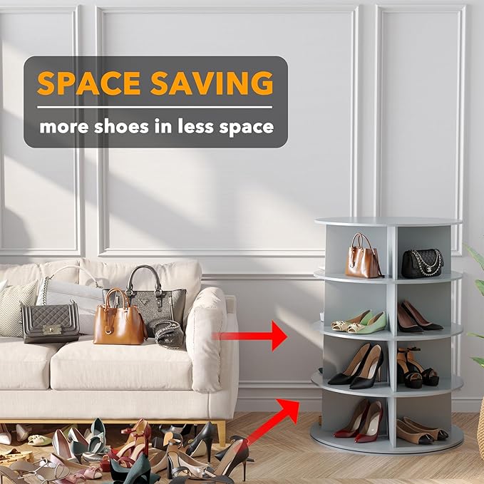 SpaceAid 4 Tier Rotating Shoe Rack Tower, Spinning Shoe Display Lazy Susan, Revolving 360 Shoe Rack Storage Round Carousel, V