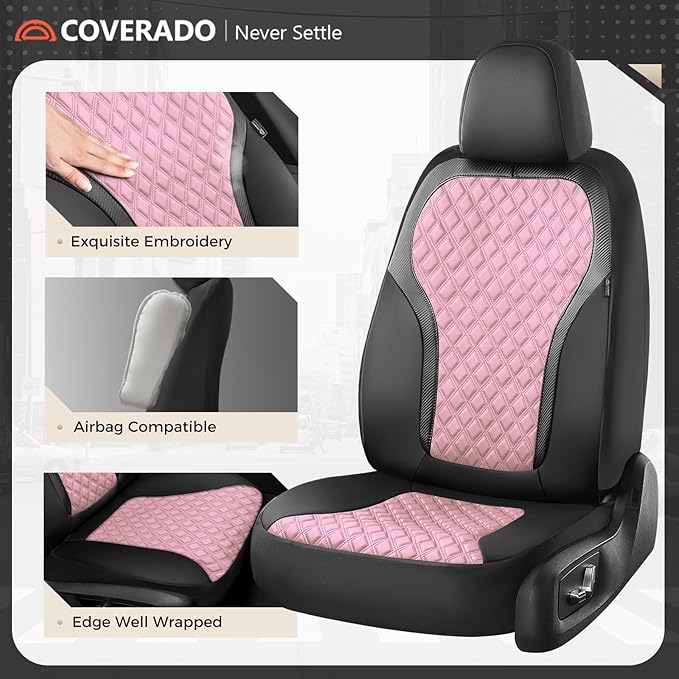 Coverado Car Seat Cover 5 Seats, Leather Seat Covers Full Set, Durable Waterproof Car Seat Protectors, Black and Pink Seat Co
