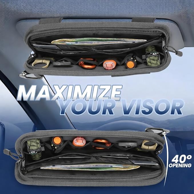 LEPHYON Molle Visor Organizer for Car, 1000D Polyester Heavy Duty Car Visor Organizer with Sunglasses Holder, Pockets, Adjustable Straps, Perfect Truck Accessories, Pickup Patrol Gear Storage (Grey)