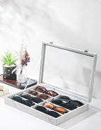 Coward Sunglass Organizer Tray Box, Grey Beige Velvet Eyeglasses Display Tray Case with Transparent Glass Lid for Home Use or