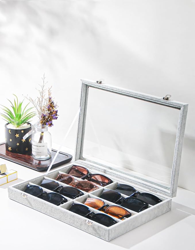 Coward Sunglass Organizer Tray Box, Grey Beige Velvet Eyeglasses Display Tray Case with Transparent Glass Lid for Home Use or