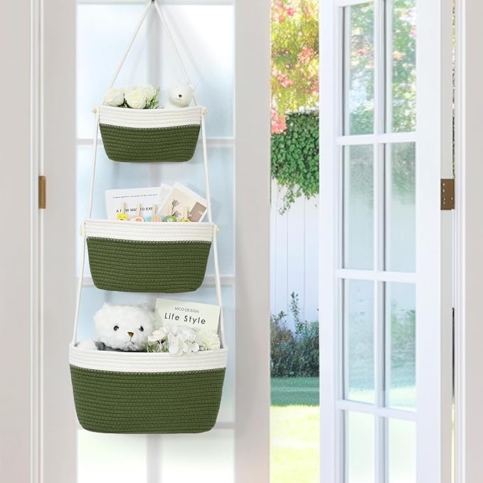 Hanging Storage Baskets, Over the Door Basket, Cotton Wall Baskets Storage, Hanging Door Basket with 4 Hooks