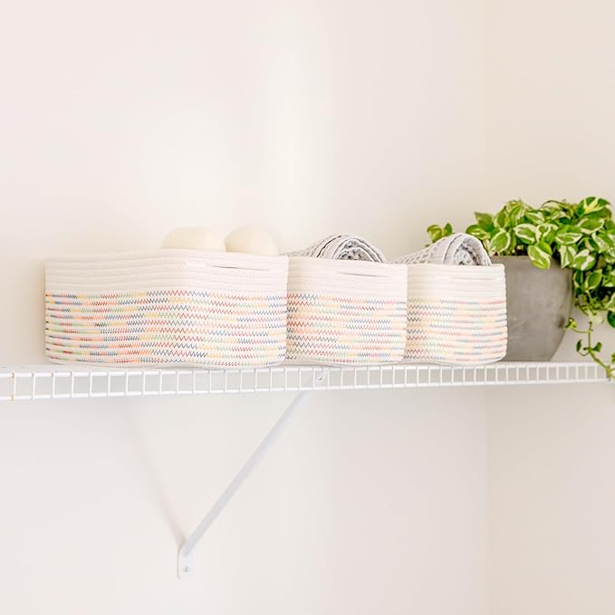 NaturalCozy 13.5”x8.5”x5.5” Rectangle Storage Baskets for Shelves 3 Pack | Cotton Rope Woven Small Baskets for Organizing | S
