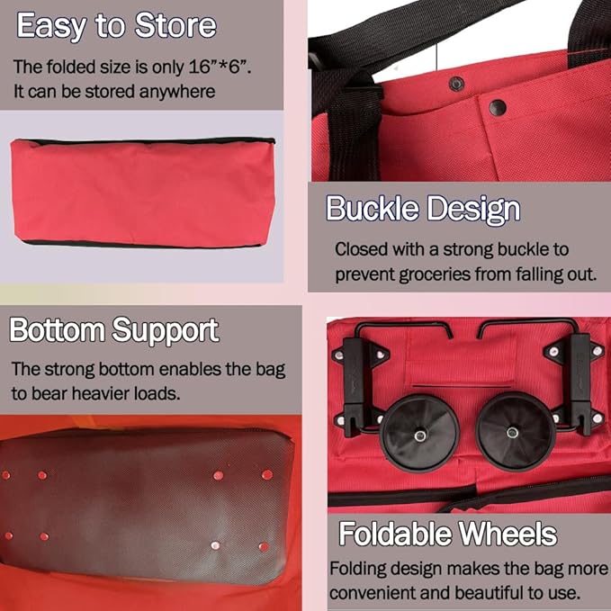 Collapsible Shopping Grocery Bag With Wheels Rolling Tote Bag With Wheels Large Reusable Shopping Bags Foldable Cart(Red,Large)