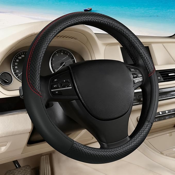 Black Car Steering Wheel Cover, Microfiber, Leather Patchwork, Universal 14.5-15 Inch Leather Anti-Slip Breathable Auto Steer