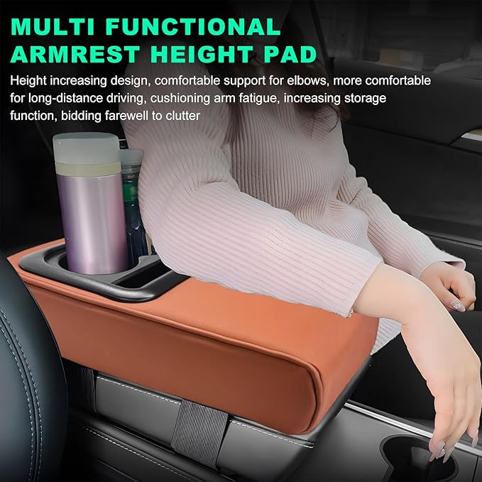 Car Center Console Armrest Pillow, Memory Foam Auto Armrest Box Cover with Cup Holder & Phone Holder, Waterproof Leather Arm Rest Protector Cushion, Interior Car Accessories (Brown)