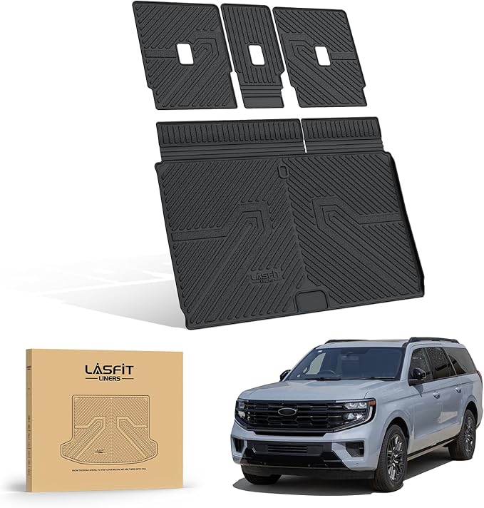 LASFIT Floor Mat with Backrest Mat Ford Expedition Max & Lincoln Navigator L 2025 2026(fit 7 and 8 Seats),Costom Fit All Weather Protection TPE Easy Clean Cargo Liners,4pcs,Black