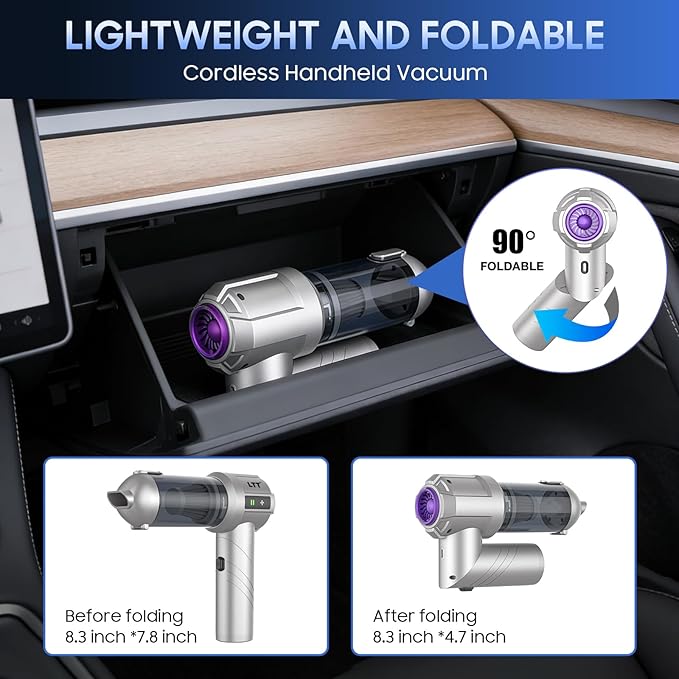car Vacuum Portable Cordless, 18000PA Brushless Motor Hand Held Vacuum,Air Duster, 120W High Power Mini Vacuum Cleaner Foldab