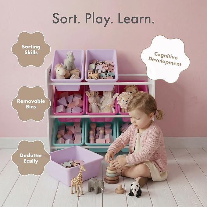 Humble Crew 9-Bin Toy Organizer – Forever Natural White/Pink/Purple/Aqua Plastic Bins, 3-Tier Storage Solution for Kids' Play