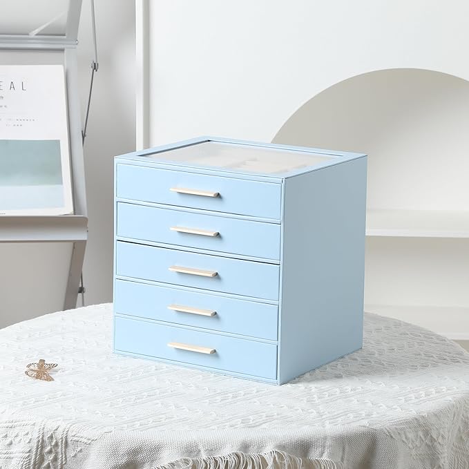 Frebeauty Clear Lid Jewelry Box,5-Layer Jewelry Organizer with Drawer,PU Leather Jewelry Organizers and Storage,Jewelry Boxes