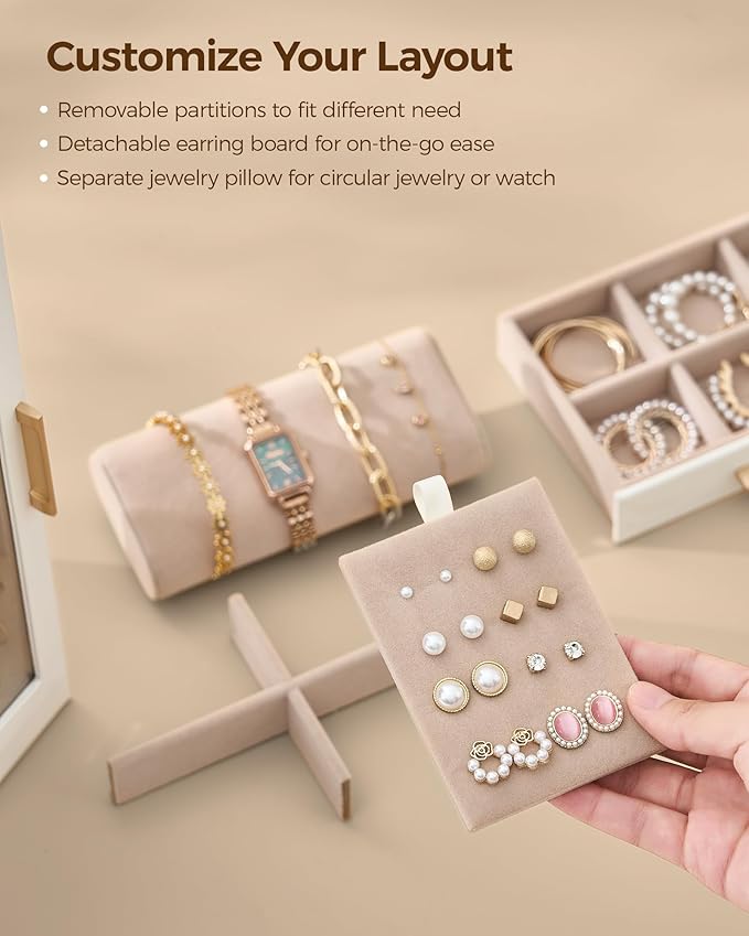 Glimmloop 360° Rotating Jewelry Box with 5 Drawers, Spacious Vertical Jewelry Organizer with Glass Window, Jewelry Storage Ca