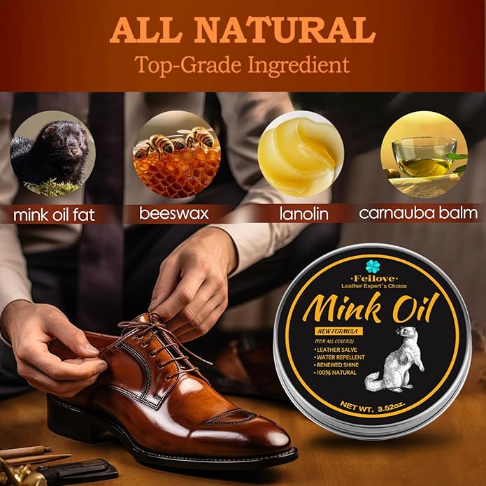 Feilove 4-in-1 Mink Oil Leather Conditioner and Cleaner 3.52 oz - Premium Waterproof Formula for Boots and Shoes