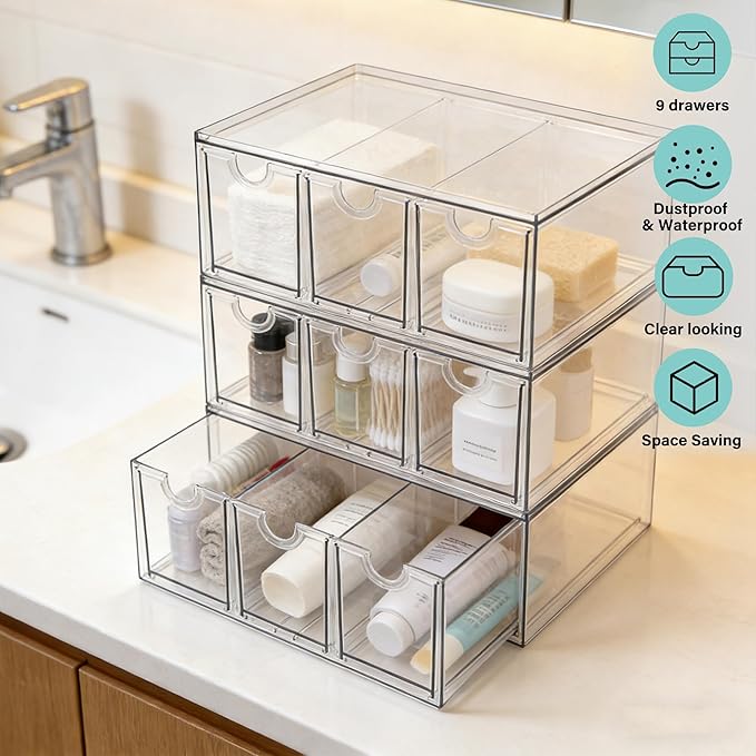 Prsildan Acrylic Makeup Organizer, 3 Pack Stackable Storage Drawers with 9 Drawers for Office Desk Vanity Craft Room Clear Dr