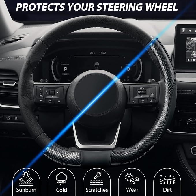 SEG Direct Flat Bottom Steering Wheel Cover Carbon Fiber, D Shaped Car Wheel Cover 14 1/2-15 in. (37-39 cm), Black Microfiber