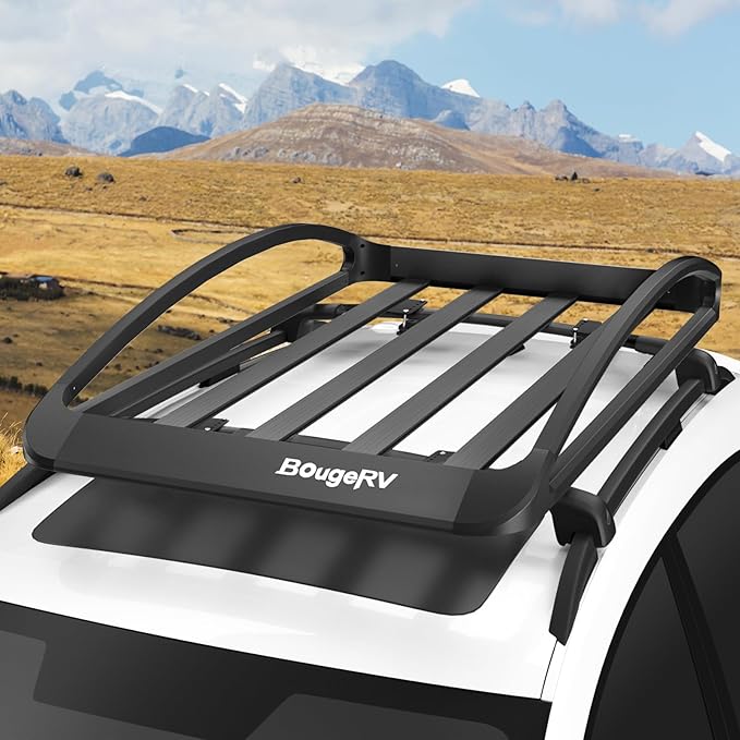 BougeRV 64''x40''x8'' Aluminum Roof Basket Anti-Rust Lightweight Universal Roof Rack Basket Rooftop Cargo Carrier with Wind Fairing,150LBS Load Capacity, Fit for SUV Truck Cars (Black)