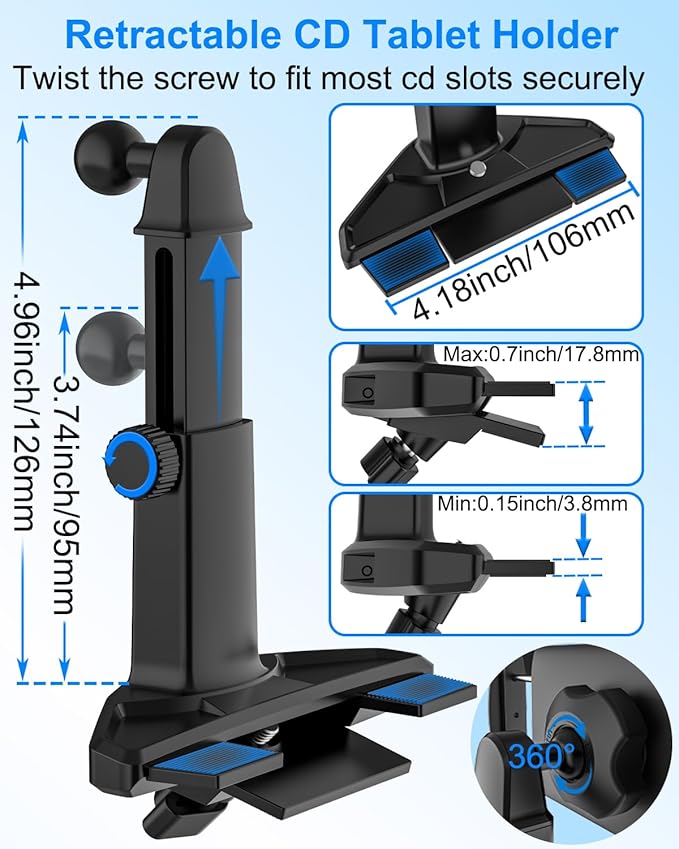 Car Tablet Holder CD Slot, [Height Adjustable Arm] Car CD Player Tablet Mount, Universal Car CD Clamp for iPad Pro Air Mini, Galaxy Tabs/Z Fold/Z Flip, iPhone, More 4-12.9" Device