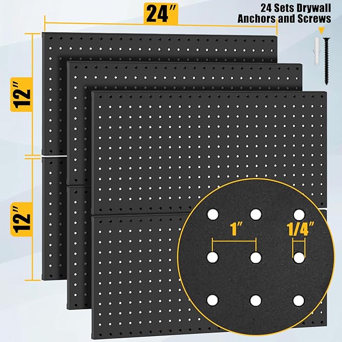PBHEPJ 6 Pcs Metal Pegboard Panels, Heavy Duty Peg Boards for Garage and Garden Tool Storage, Includes Drywall Anchors and Sc