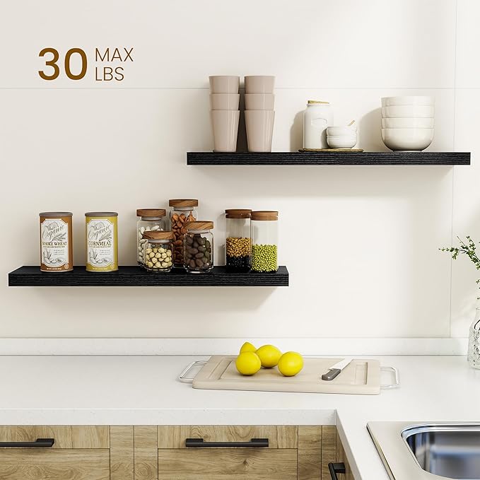 Dreamland 30Inch Floating Shelves for Wall, Rustic Wooden Black Floating Shelves for Bathroom|Bedroom|Kitchen, Deep Wall Moun
