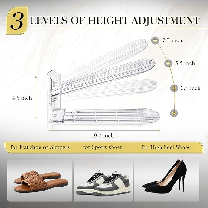 Shoe Slots Organizer 20 Pack - Shoe Stackers, 3 Levels Adjustable, Space Savers 50%, Double Layer Holders for Closet (Transpa