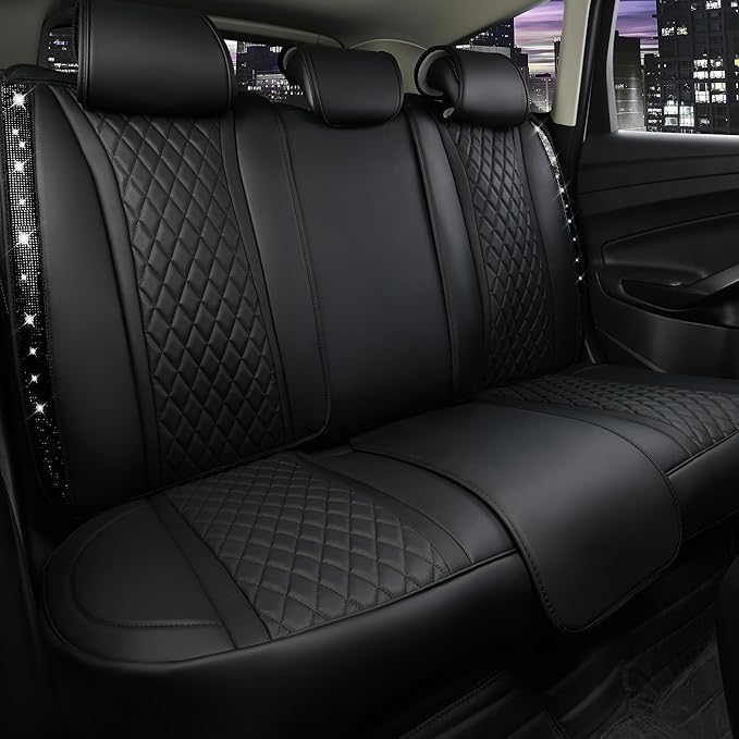 CAR PASS Bling Diamond Back Seat Covers, Nappa Leather Rear Seat Bench Cushion Waterproof Breathable Back Row Protector Unive